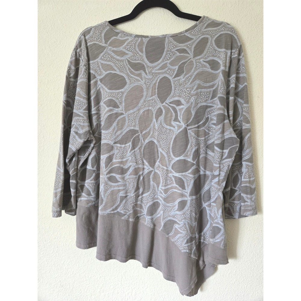 Sun Moda California Womens XL Top Taupe Cotton Leaf Print Asymmetrical Sharkbite - Picture 3 of 8